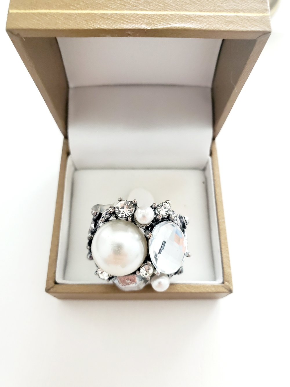 Silver Pearl and Crystal Statement Ring - Women Jewelry